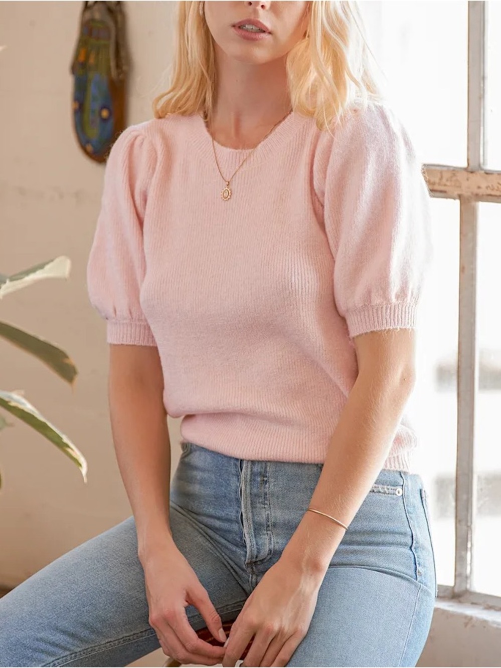 Bloomingdale’s Aqua Cashmere Pink Puff Sleeve Sweater